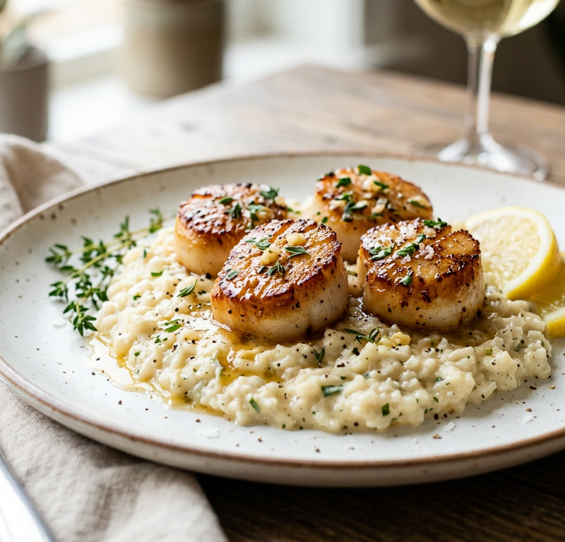 Lemon Garlic Butter Scallops over Cauliflower Risotto