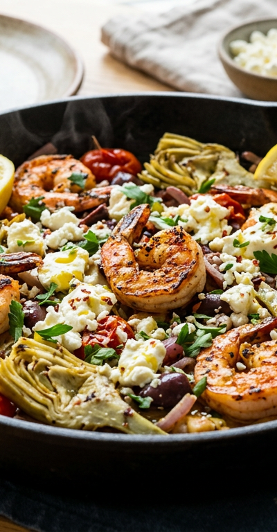 Mediterranean Shrimp & Artichoke Skillet with Feta