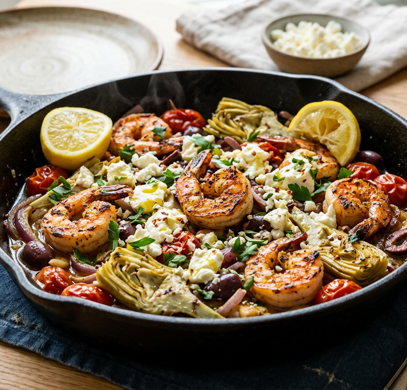 Mediterranean Shrimp & Artichoke Skillet with Feta