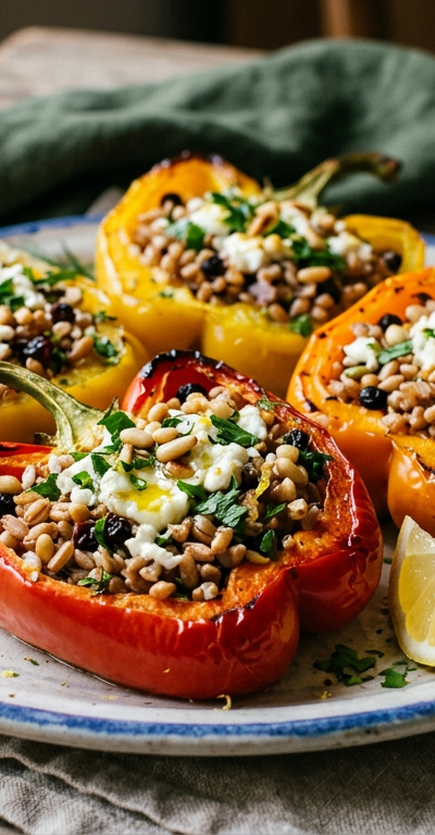 Mediterranean Stuffed Bell Peppers with Farro & Pine Nuts
