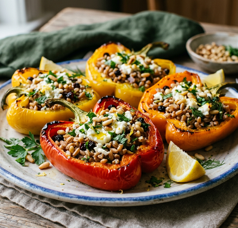 Mediterranean Stuffed Bell Peppers with Farro & Pine Nuts