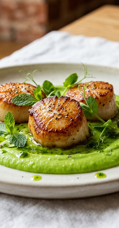 Seared Scallops with Pea Puree and Mint Oil
