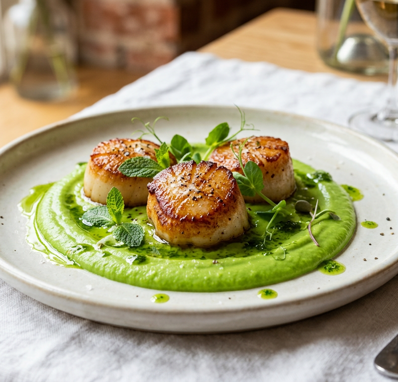 Seared Scallops with Pea Puree and Mint Oil