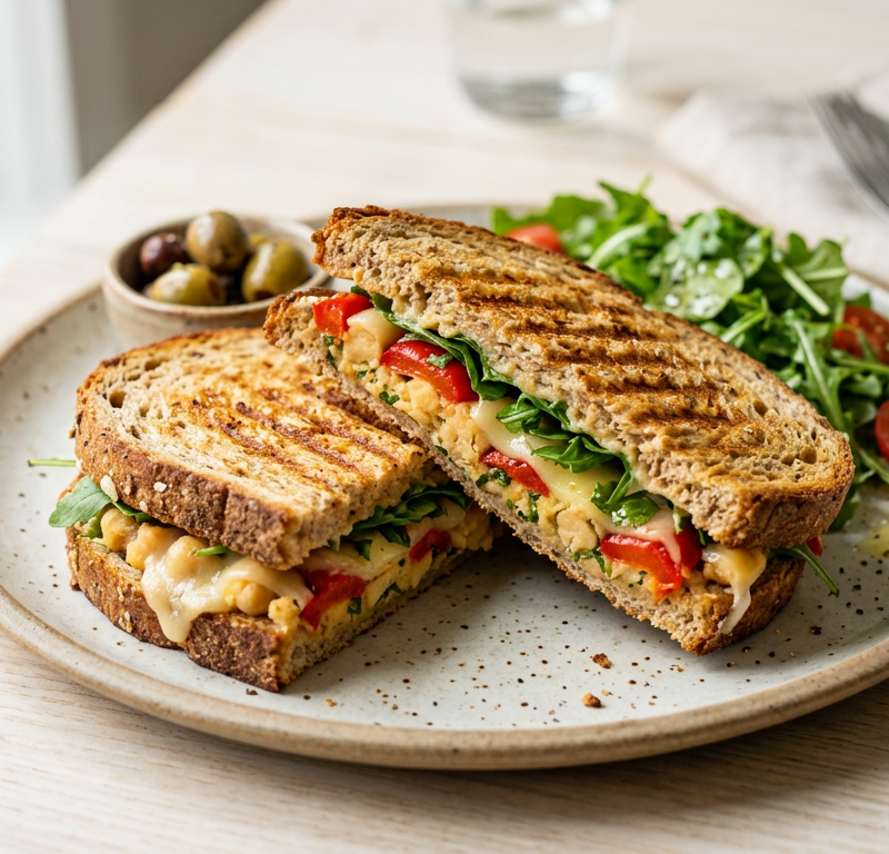Chickpea & Roasted Red Pepper Panini with Arugula