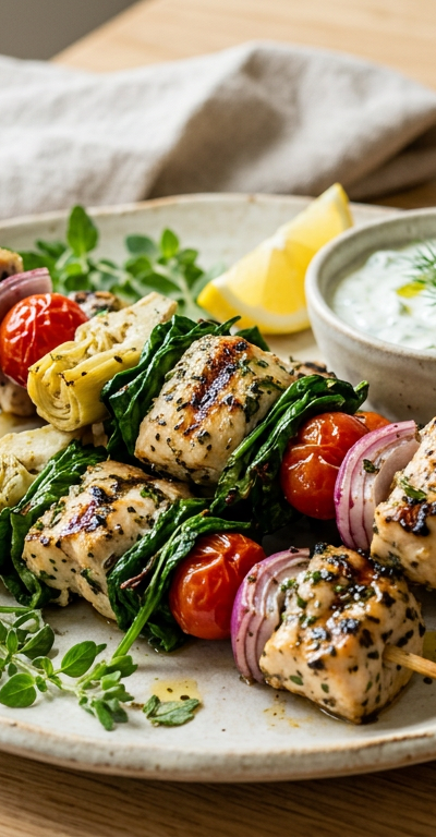 Mediterranean Chicken and Spinach Skewers
