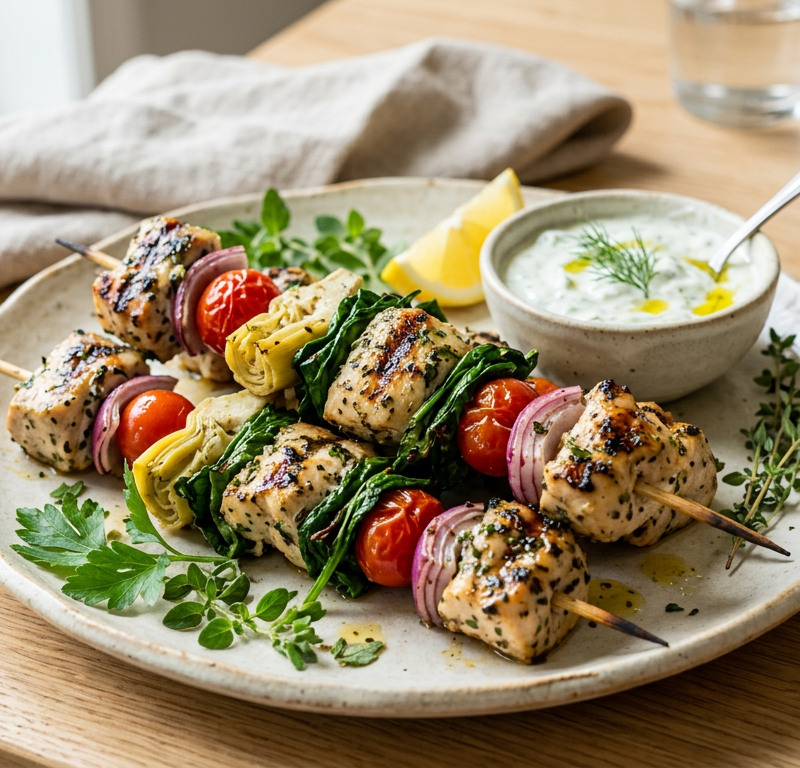 Mediterranean Chicken and Spinach Skewers