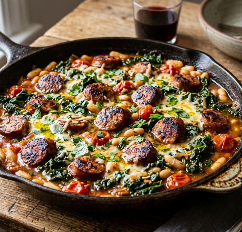 Spiced Garlic Chicken Sausage and White Bean Skillet Bake