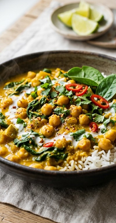Creamy Coconut Chickpea & Spinach Curry over Rice