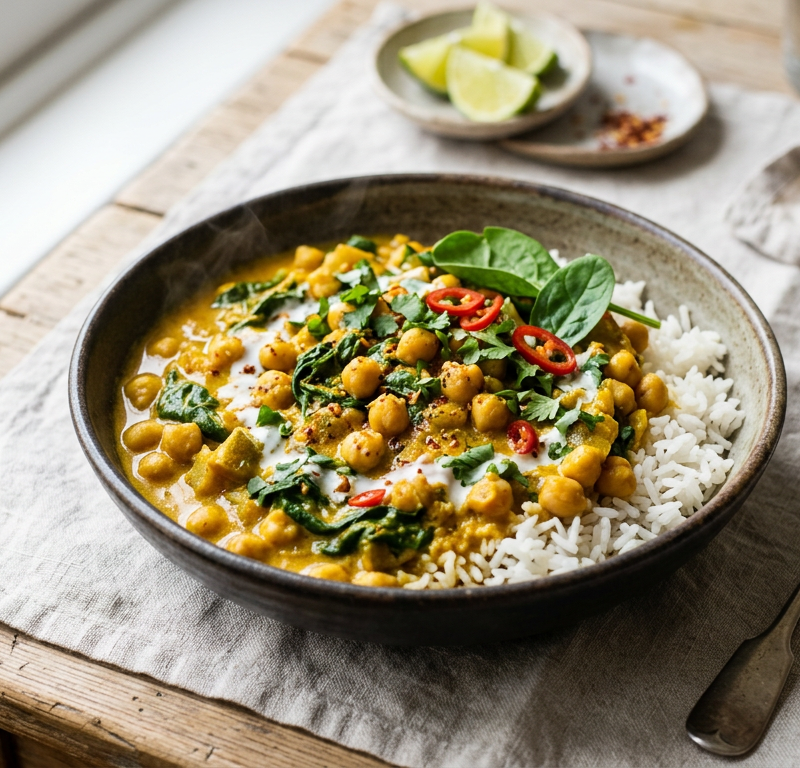 Creamy Coconut Chickpea & Spinach Curry over Rice