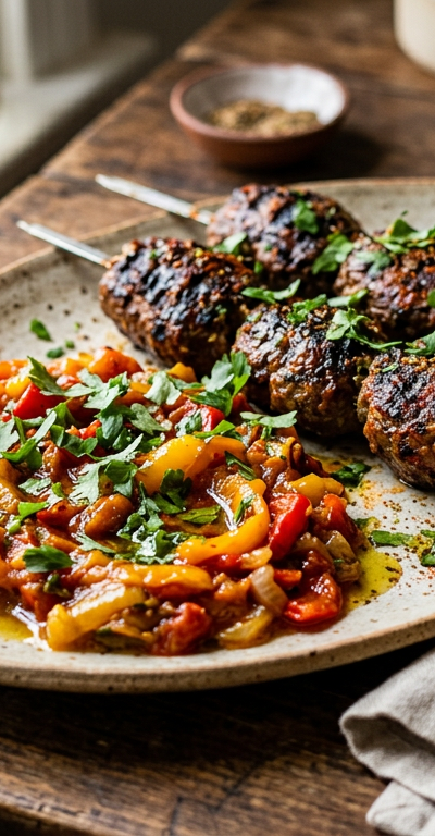Harissa Garlic Beef Kofta with Charred Pepper Relish