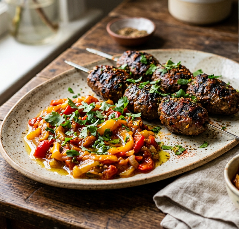 Harissa Garlic Beef Kofta with Charred Pepper Relish
