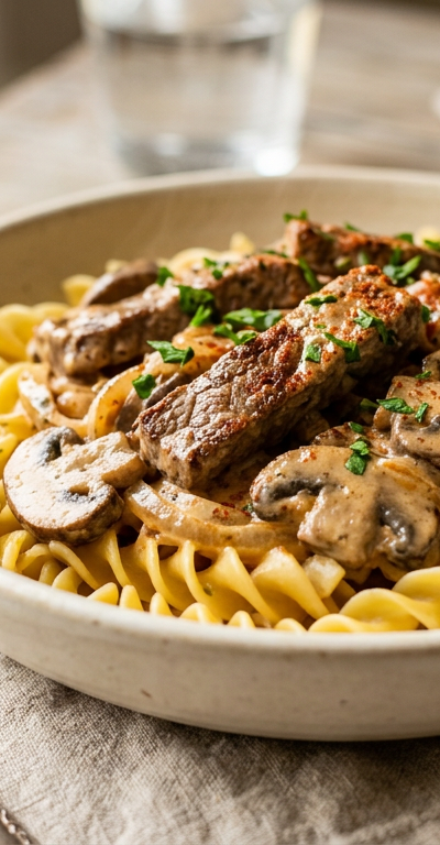 Gluten-Free Beef Stroganoff with Egg Noodles