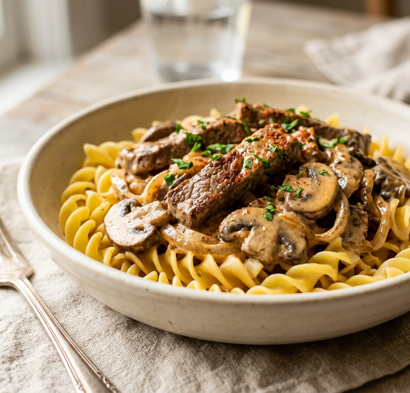 Gluten-Free Beef Stroganoff with Egg Noodles