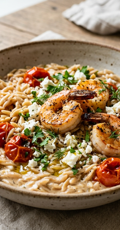 Whole-Wheat Orzo with Shrimp, Feta & Burst Tomatoes