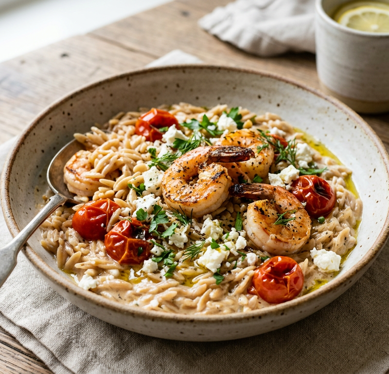 Whole-Wheat Orzo with Shrimp, Feta & Burst Tomatoes