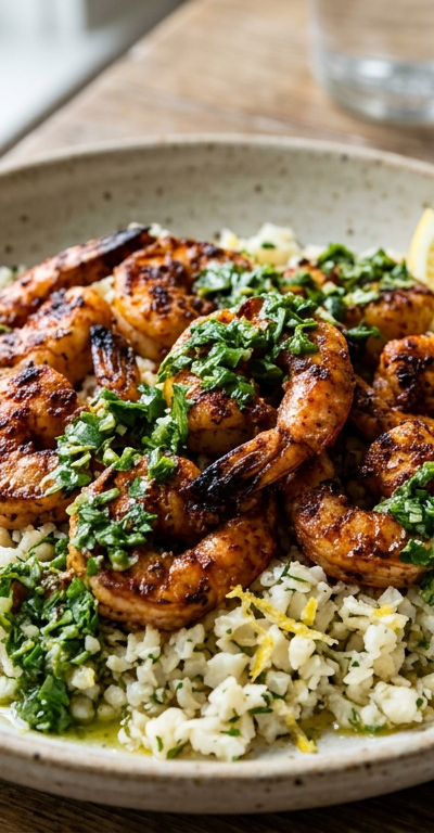 Harissa Grilled Shrimp with Dairy-Free Herb Sauce over Cauliflower Rice