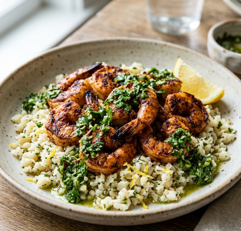 Harissa Grilled Shrimp with Dairy-Free Herb Sauce over Cauliflower Rice