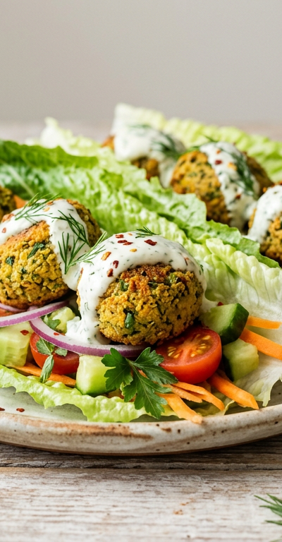 Baked Falafel Lettuce Wraps with Yogurt-Dill Sauce
