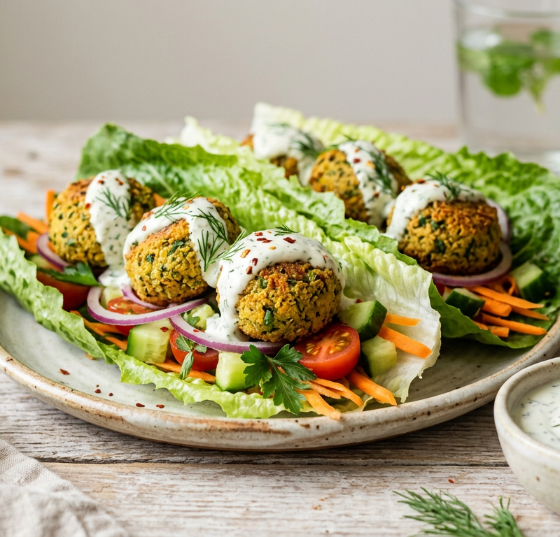 Baked Falafel Lettuce Wraps with Yogurt-Dill Sauce