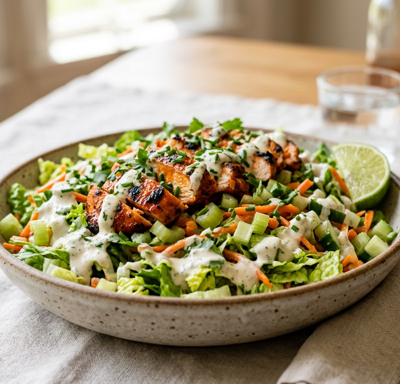 Grilled Buffalo Chicken Caesar-less Chop Salad