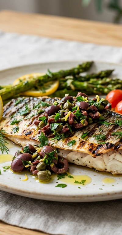 Lemon-Herb Grilled Sea Bass with Olive Tapenade