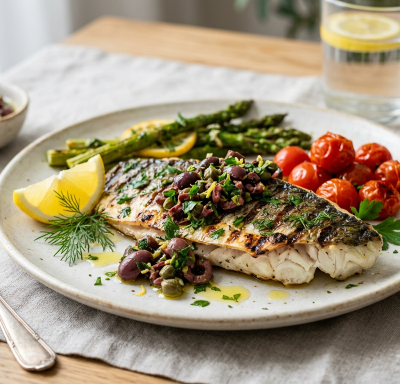 Lemon-Herb Grilled Sea Bass with Olive Tapenade