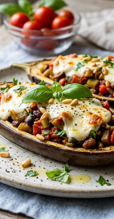 Caponata-Stuffed Eggplant Boats with Fresh Mozzarella