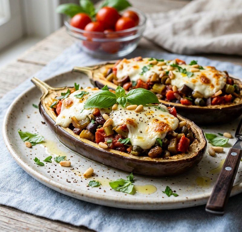 Caponata-Stuffed Eggplant Boats with Fresh Mozzarella