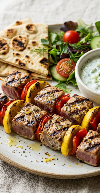 Tuna Souvlaki Skewers with Cucumber-Dill Sauce