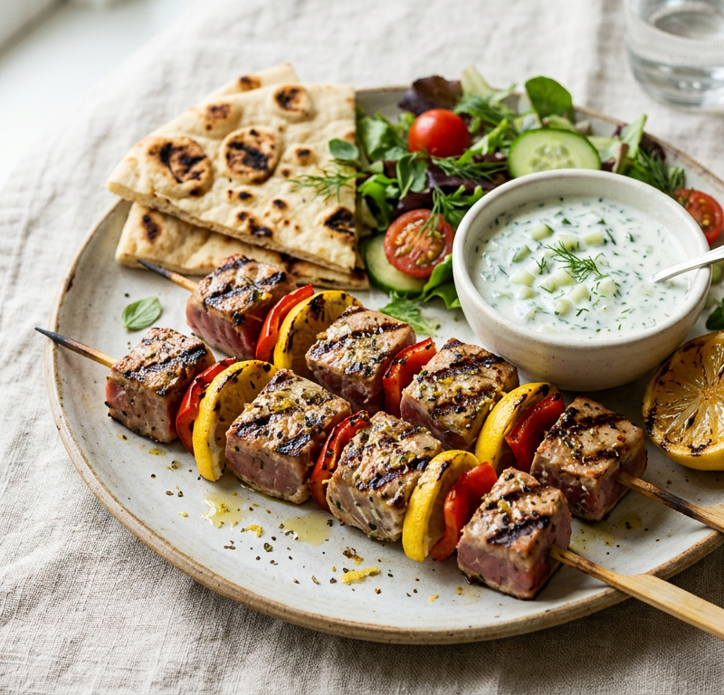 Tuna Souvlaki Skewers with Cucumber-Dill Sauce