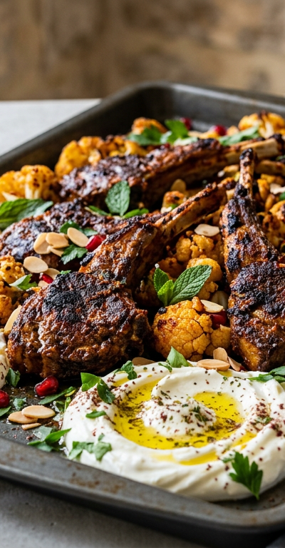 Harissa Lamb and Cauliflower Sheet Pan with Labneh