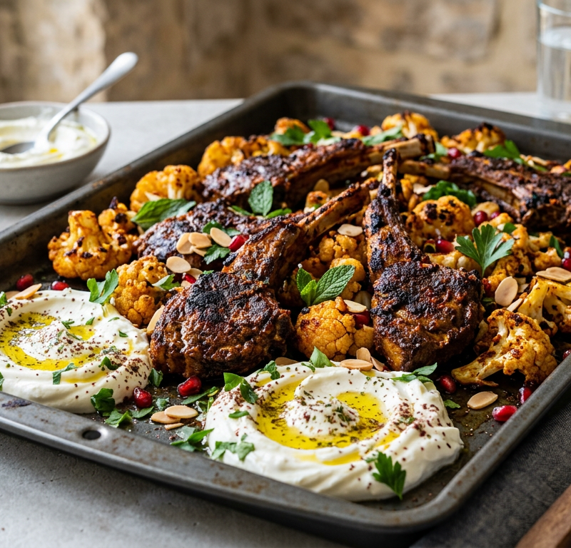 Harissa Lamb and Cauliflower Sheet Pan with Labneh