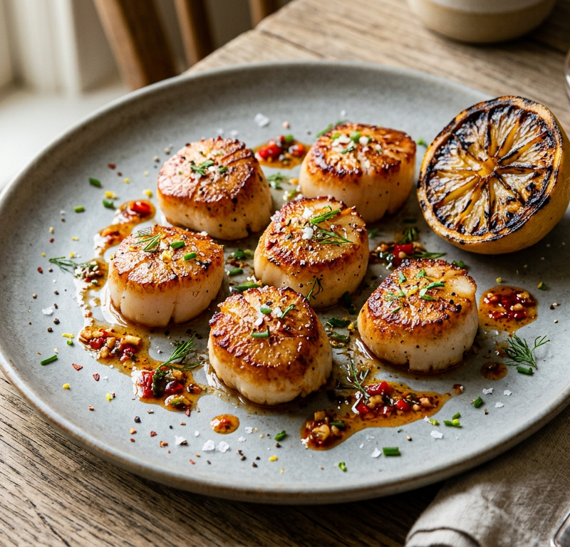 Seared Scallops with Charred Lemon & Chili Oil