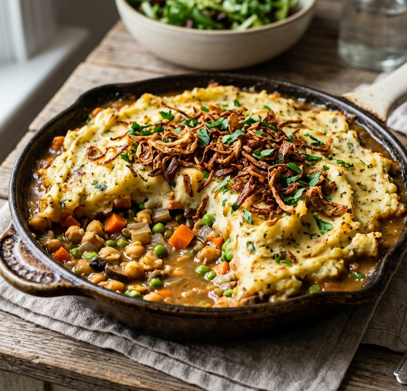 Hearty Vegan Shepherd's Skillet with Smashed Chickpeas