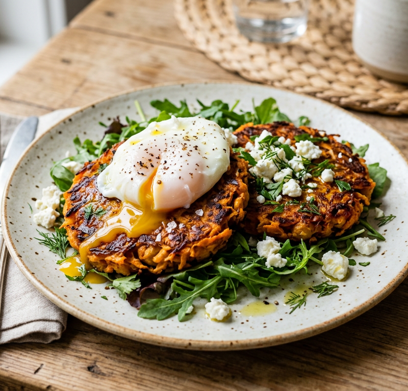 Crispy Sweet Potato and Chickpea Breakfast Patties with Poached Egg