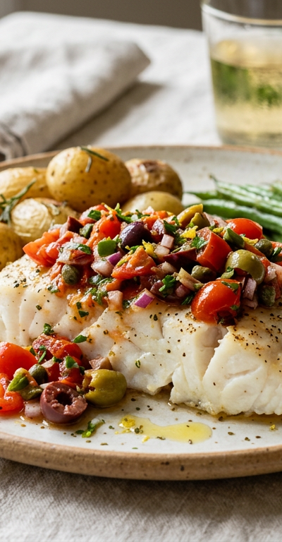 Baked Cod with Tomato & Olive Relish