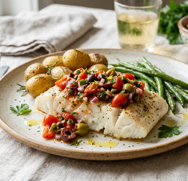Baked Cod with Tomato & Olive Relish