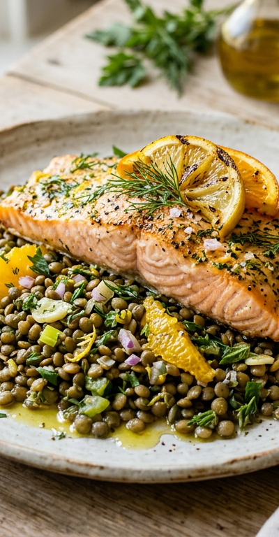Slow-Roasted Salmon with Citrus & Herbed Lentils