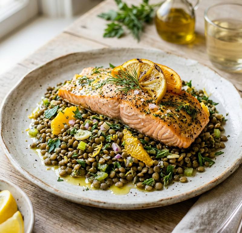 Slow-Roasted Salmon with Citrus & Herbed Lentils