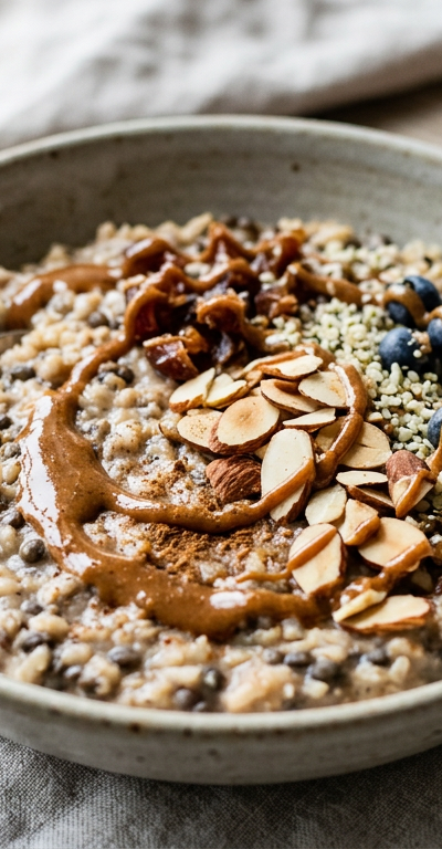 Brown Rice & Black Lentil Breakfast Bowl with Almond-Date Drizzle