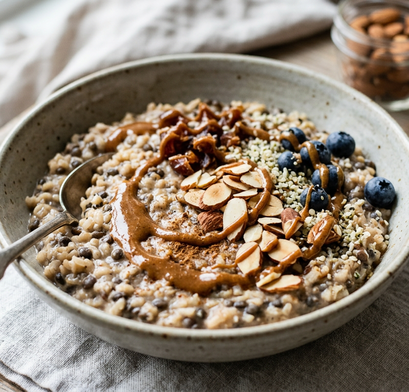 Brown Rice & Black Lentil Breakfast Bowl with Almond-Date Drizzle