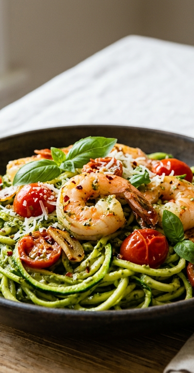 Pesto Zoodle Shrimp Scampi with Cherry Tomatoes