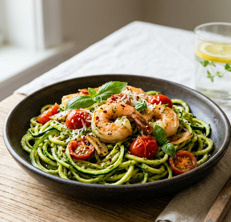 Pesto Zoodle Shrimp Scampi with Cherry Tomatoes