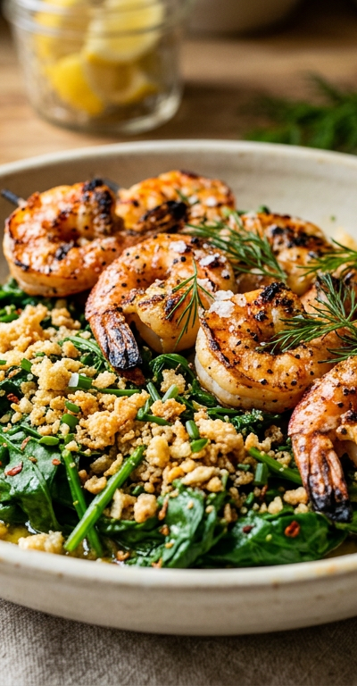 Smoky Grilled Shrimp and Spinach Bowl with Crispy Pork Rind Crumbs
