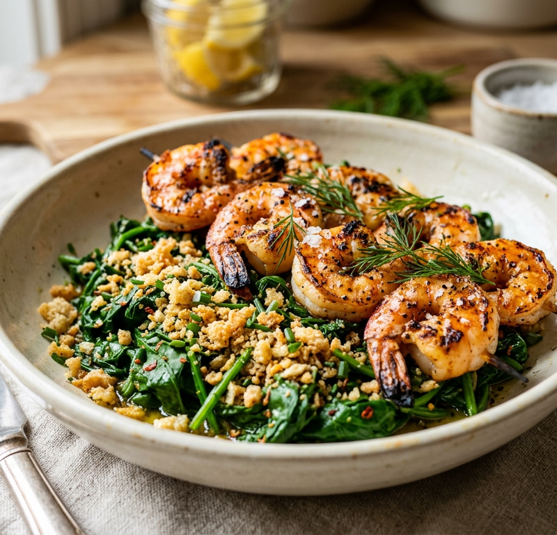 Smoky Grilled Shrimp and Spinach Bowl with Crispy Pork Rind Crumbs