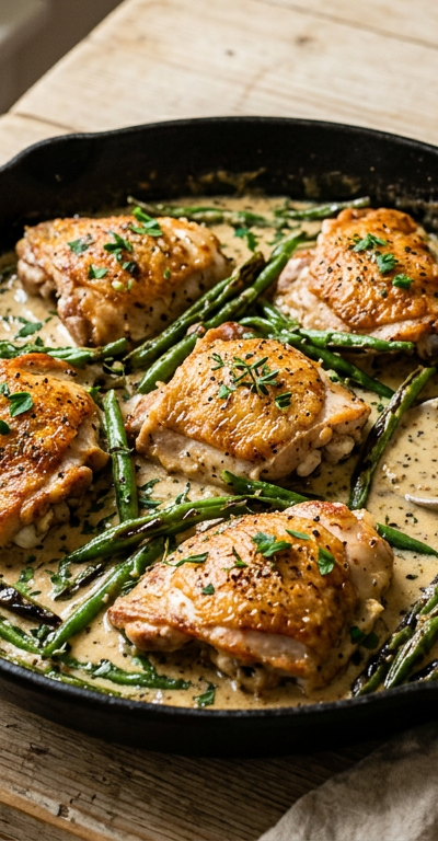 Creamy Dijon Chicken Thighs with Blistered Green Beans