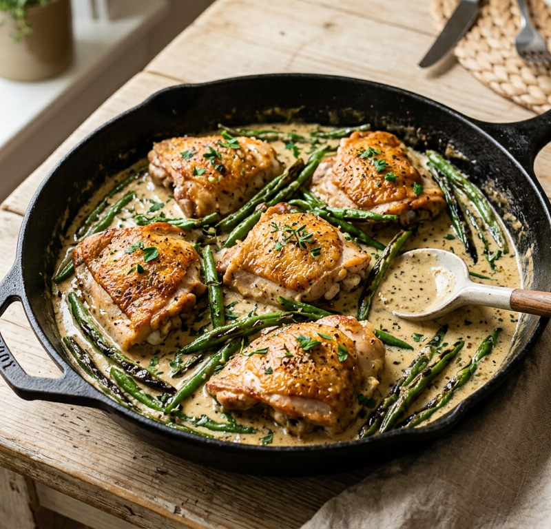 Creamy Dijon Chicken Thighs with Blistered Green Beans