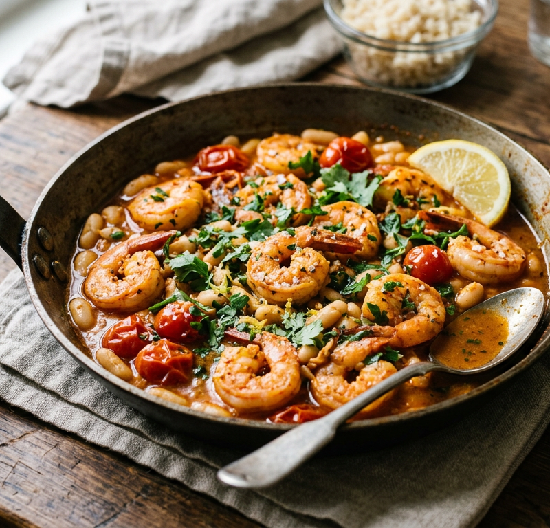 Harissa Shrimp & White Bean Skillet