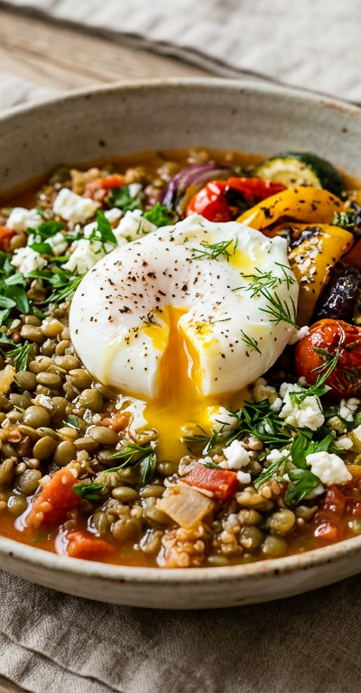 Mediterranean Lentil & Quinoa Bowl with Poached Egg
