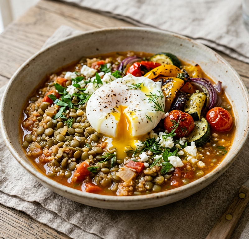 Mediterranean Lentil & Quinoa Bowl with Poached Egg